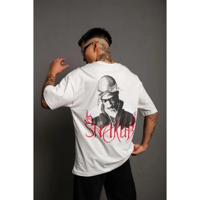 Erkek Sırt Baskılı Oversize T-Shirt - Beyaz