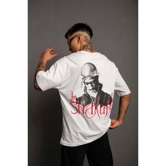 Erkek Oversize Tişört – Beyaz 24/1 Penye Kumaş, Bisiklet Yaka, Ön & Arka Baskılı, Streetwear Tarzı Rahat Büyük Kalıp T-Shirt- Beyaz