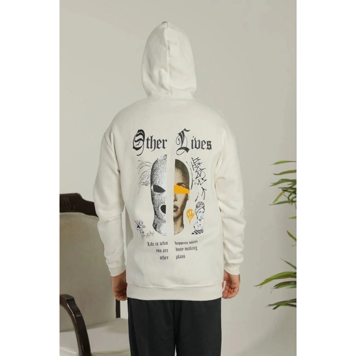 Erkek Kapşonlu Sweatshirt – Oversize Üç İplik Şardonlu Hoodie, “Other Lives” Ön & Arka Baskılı, Kanguru Cepli, Kışlık Rahat Günlük Stil - Beyaz