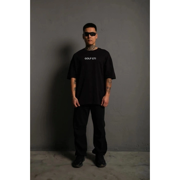 Erkek Oversize Baskılı Tişört – Golf GTI Retro Araba Desenli, Ön & Arka Dijital Baskı, Sokak Modası Stil - Siyah