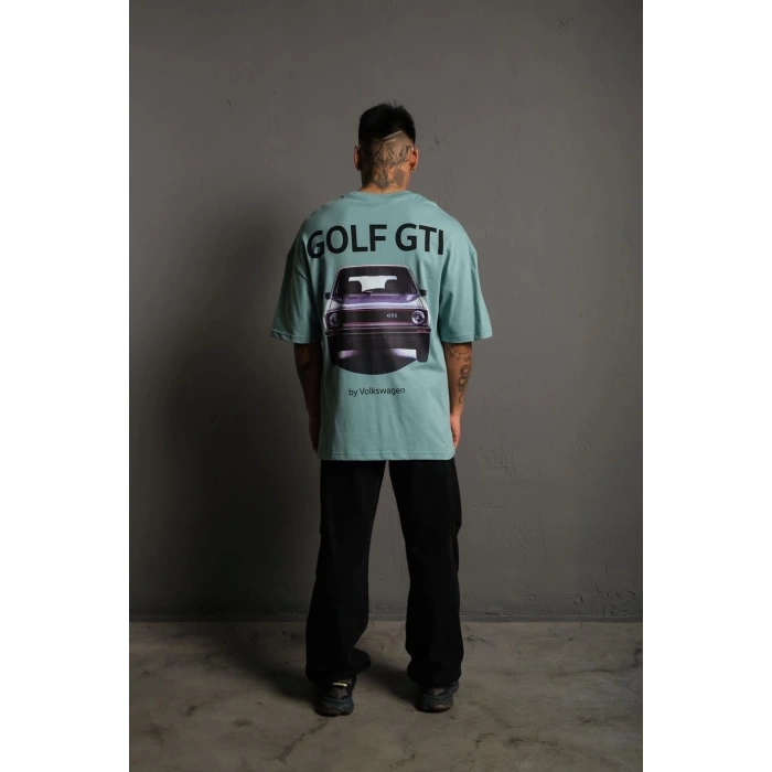 Erkek Oversize Baskılı Tişört – Golf GTI Retro Araba Desenli, Ön & Arka Dijital Baskı, Sokak Modası Stil - Mint Yeşili