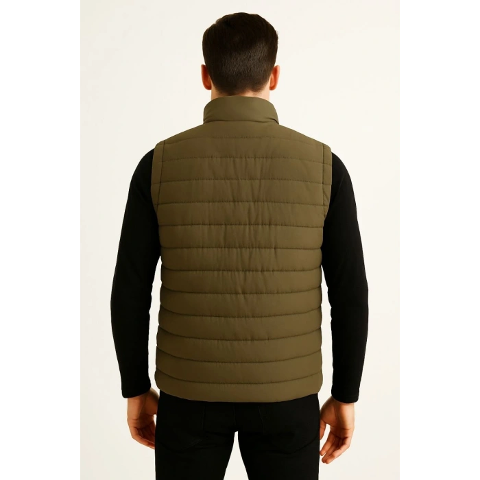 Erkek Şişme Fermuarlı Yelek Su itici Kapitone Astarlı Kumaş Cepli Hafif Kışlık Spor Rahat Kalıp - Haki