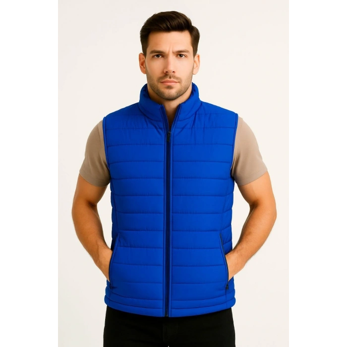 Erkek Şişme Fermuarlı Yelek Su itici Kapitone Astarlı Kumaş Cepli Hafif Kışlık Spor Rahat Kalıp - Saks Mavisi