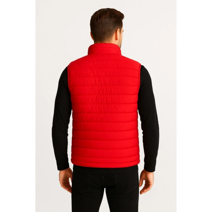 Erkek Şişme Fermuarlı Yelek Su itici Kapitone Astarlı Kumaş Cepli Hafif Kışlık Spor Rahat Kalıp - Kırmızı