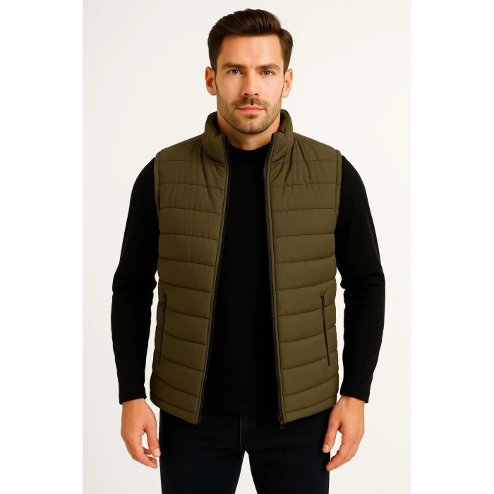 Erkek Şişme Fermuarlı Yelek Su itici Kapitone Astarlı Kumaş Cepli Hafif Kışlık Spor Rahat Kalıp - Haki