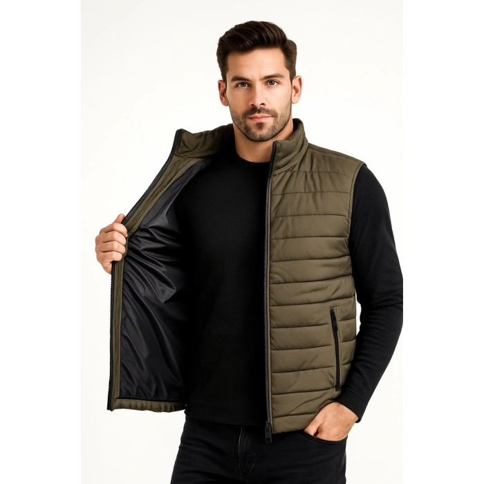Erkek Şişme Fermuarlı Yelek Su itici Kapitone Astarlı Kumaş Cepli Hafif Kışlık Spor Rahat Kalıp - Haki