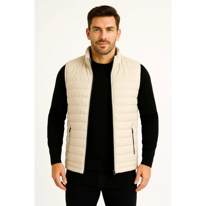 Erkek Şişme Fermuarlı Yelek Su itici Kapitone Astarlı Kumaş Cepli Hafif Kışlık Spor Rahat Kalıp -Bej