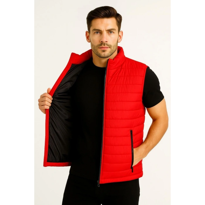 Erkek Şişme Fermuarlı Yelek Su itici Kapitone Astarlı Kumaş Cepli Hafif Kışlık Spor Rahat Kalıp - Kırmızı