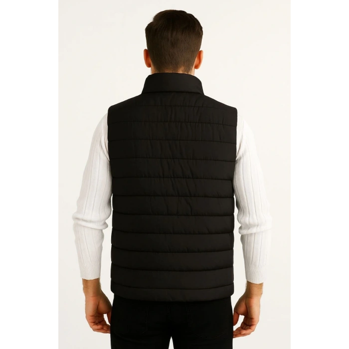 Erkek Şişme Fermuarlı Yelek Su itici Kapitone Astarlı Kumaş Cepli Hafif Kışlık Spor Rahat Kalıp - Siyah