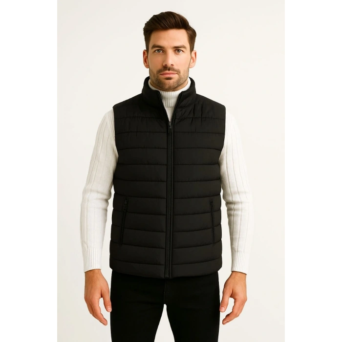 Erkek Şişme Fermuarlı Yelek Su itici Kapitone Astarlı Kumaş Cepli Hafif Kışlık Spor Rahat Kalıp - Siyah