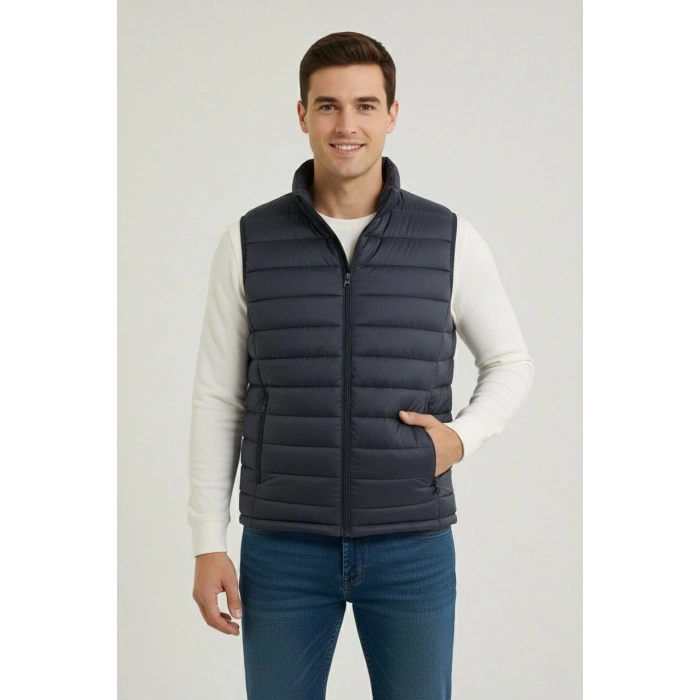 Erkek Şişme Fermuarlı Yelek Su itici Kapitone Astarlı Kumaş Cepli Hafif Kışlık Spor Rahat Kalıp - Lacivert