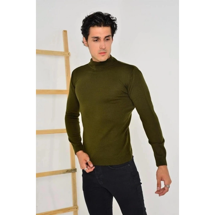 Erkek Tam Balıkçı Yaka Düz Renk Kazak - Yeşil