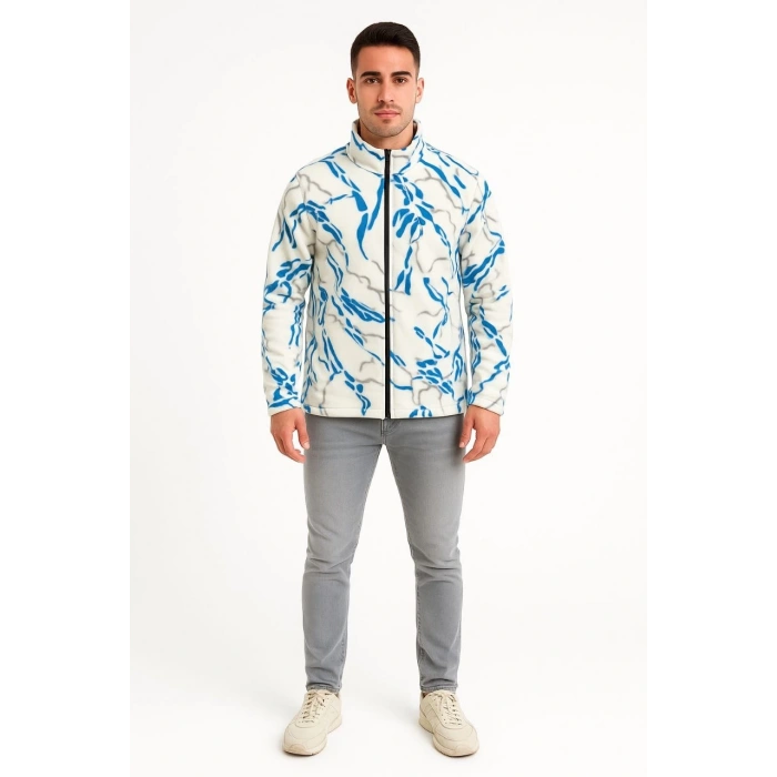 Erkek Tam Fermuarlı Desenli Polar Sweat Lightning Desen Yakalı, Uzun Kollu, Oversize Rahat Kalıp - Beyaz