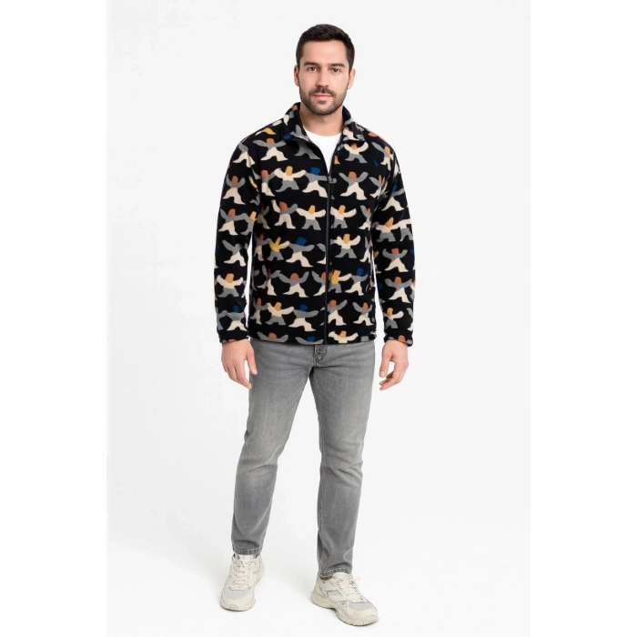 Erkek Tam Fermuarlı Desenli Polar Sweat – Siyah Multicolor Figür Desen Yakalı, Uzun Kollu, Oversize Rahat Kalıp- Siyah