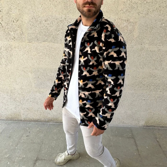 Erkek Tam Fermuarlı Desenli Polar Sweat – Siyah Multicolor Figür Desen Yakalı, Uzun Kollu, Oversize Rahat Kalıp- Siyah