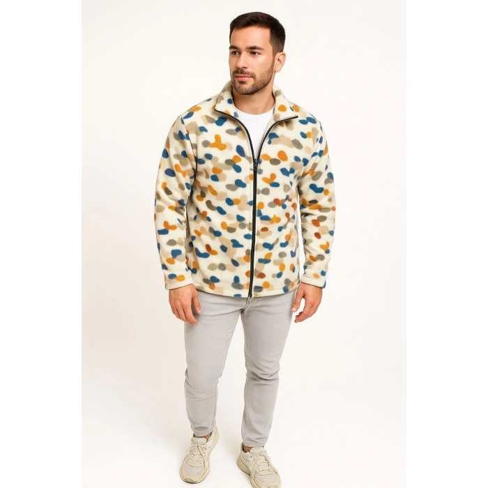 Erkek Tam Fermuarlı Desenli Polar Sweat – Siyah Multicolor Figür Desen Yakalı, Uzun Kollu, Oversize Rahat Kalıp- Beyaz