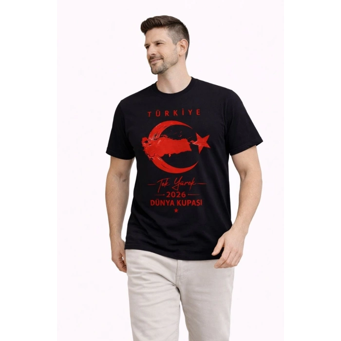 Erkek TÜRKİYE Ay Yıldız Baskılı Taraftar Forma T-Shirt - Siyah