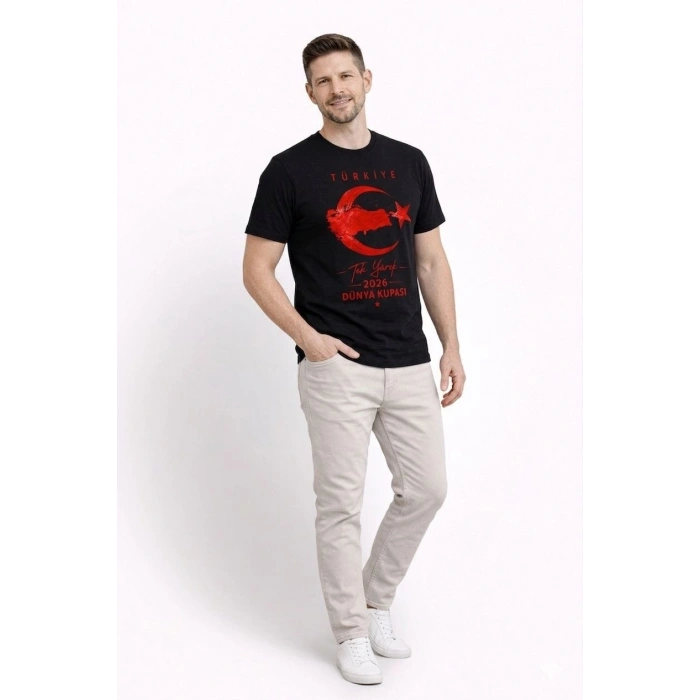 Erkek TÜRKİYE Ay Yıldız Baskılı Taraftar Forma T-Shirt - Siyah