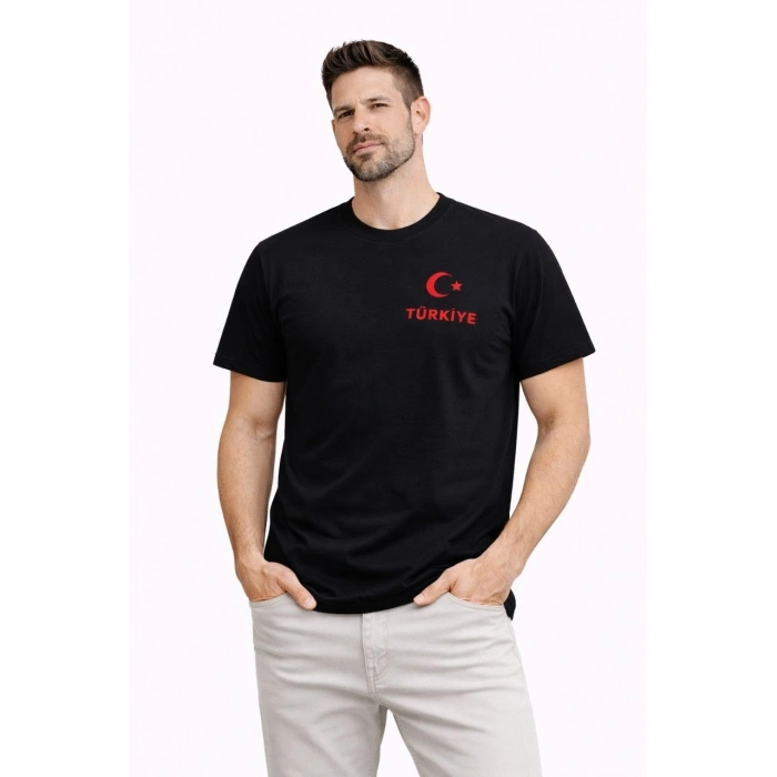 Erkek TÜRKİYE Ay Yıldız Baskılı Taraftar Forma T-Shirt - Siyah