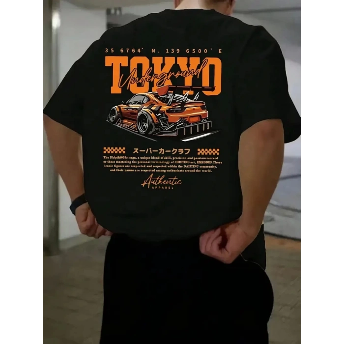 Erkek Turuncu Spor Araba Grafik Tişört - TOKYO Baskılı Günlük Oversize Kısa Kollu Tişört, Yetişkinler için Yazlık Giyim, Turuncu Araba Tasarımı- Siyah