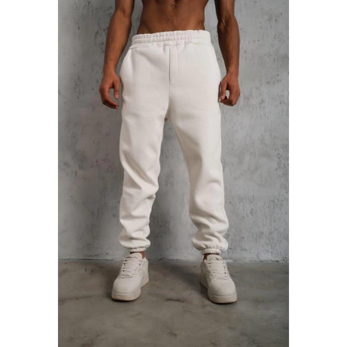 Erkek Üç İplik Alt Eşofman Lastikli - Beyaz