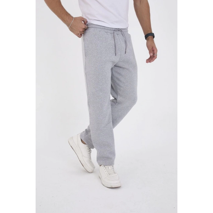 Erkek Üç İplik Basic Eşofman Boru Paça İpli Pantolon - Gri