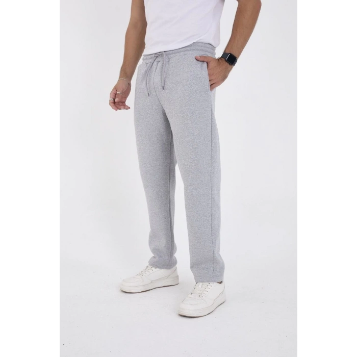 Erkek Üç İplik Basic Eşofman Boru Paça İpli Pantolon - Gri