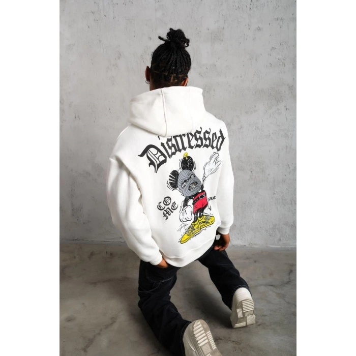 Erkek Üç İplik Baskılı Kapüşonlu Sweat - Beyaz