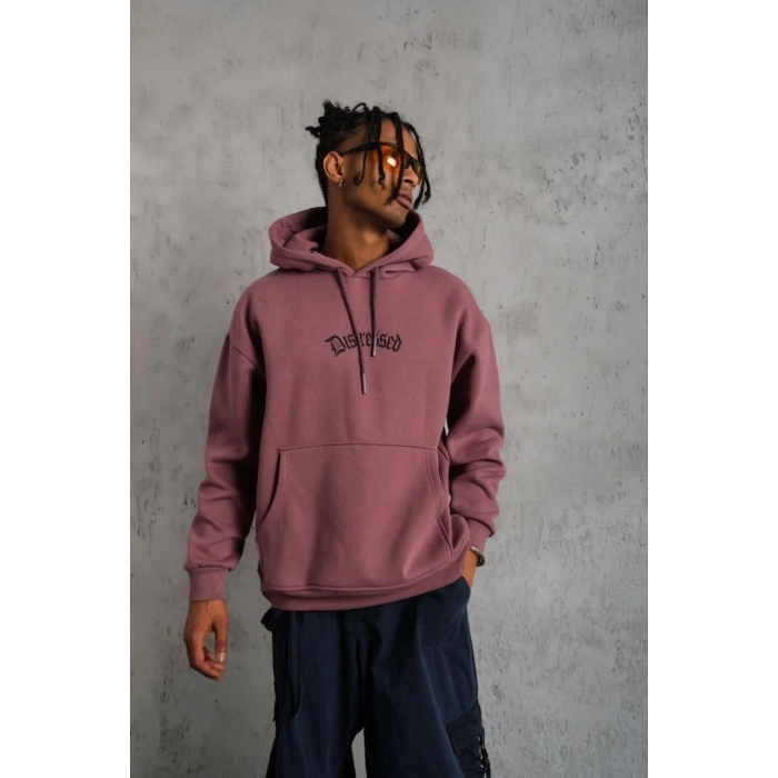 Erkek Üç İplik Baskılı Kapüşonlu Sweat - Gül Kurusu