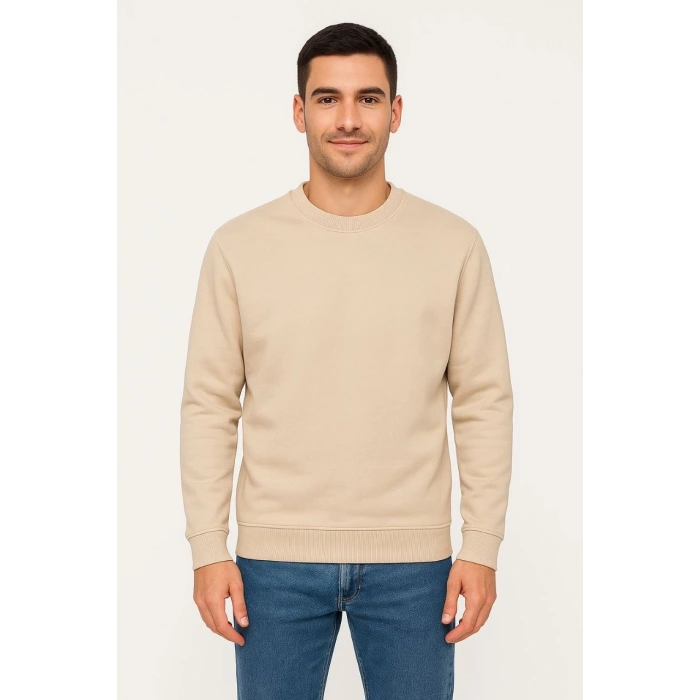Erkek Üç İplik Düz Bisiklet Yaka SweatShirt - Bej