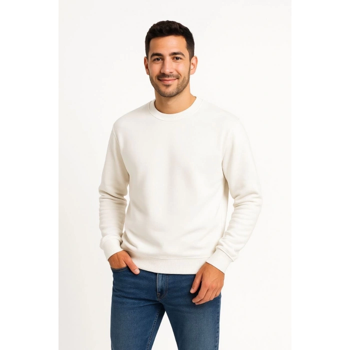 Erkek Üç İplik Düz Bisiklet Yaka SweatShirt - Beyaz