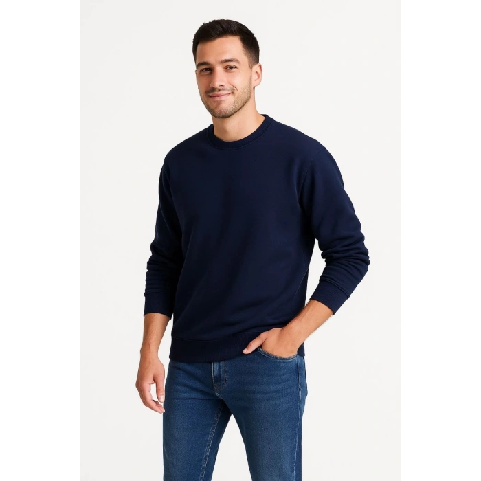 Erkek Üç İplik Düz Bisiklet Yaka SweatShirt - Lacivert