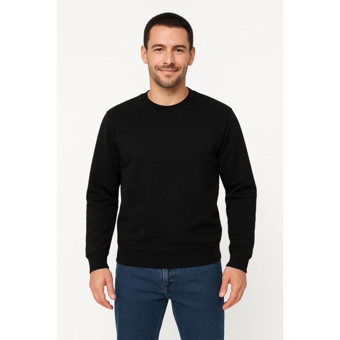 Erkek Üç İplik Düz Bisiklet Yaka SweatShirt - Siyah