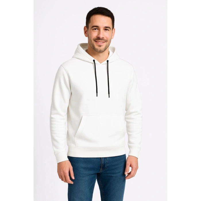 Erkek Üç İplik Kapüşonlu Kanguru Cepli SweatShirt hoodie - Beyaz
