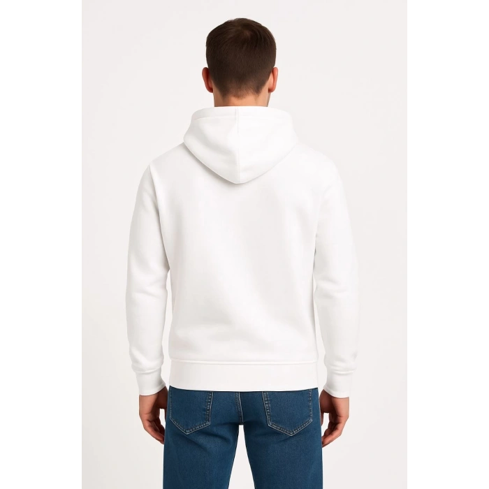 Erkek Üç İplik Kapüşonlu Kanguru Cepli SweatShirt hoodie - Beyaz
