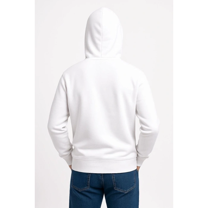 Erkek Üç İplik Kapüşonlu Kanguru Cepli SweatShirt hoodie - Beyaz