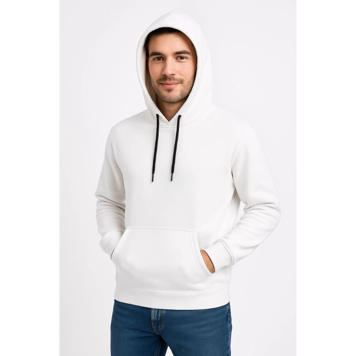 Erkek Üç İplik Kapüşonlu Kanguru Cepli SweatShirt hoodie - Beyaz
