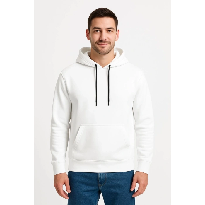 Erkek Üç İplik Kapüşonlu Kanguru Cepli SweatShirt hoodie - Beyaz
