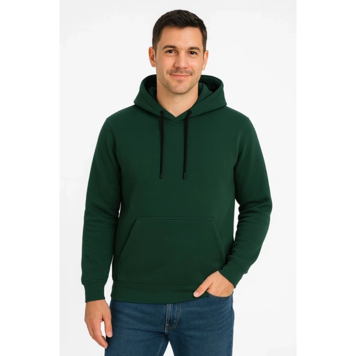 Erkek Üç İplik Kapüşonlu Kanguru Cepli SweatShirt hoodie - Haki
