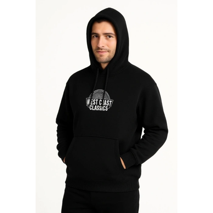 Erkek Kapşonlu Sweatshirt – Oversize Üç İplik Şardonlu Hoodie, “West Coast Classics” Ön & Arka Baskılı, Kanguru Cepli Kışlık Günlük Stil - Siyah
