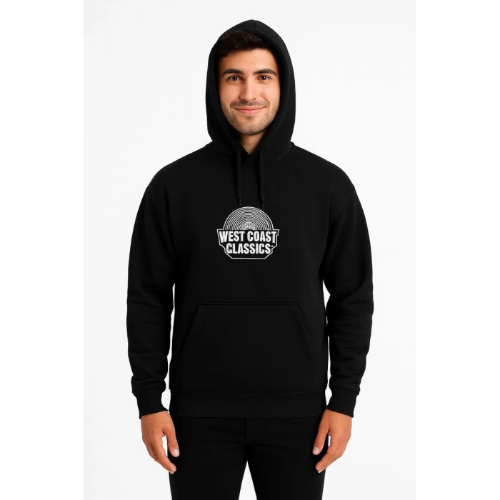Erkek Kapşonlu Sweatshirt – Oversize Üç İplik Şardonlu Hoodie, “West Coast Classics” Ön & Arka Baskılı, Kanguru Cepli Kışlık Günlük Stil - Siyah