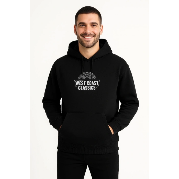 Erkek Kapşonlu Sweatshirt – Oversize Üç İplik Şardonlu Hoodie, “West Coast Classics” Ön & Arka Baskılı, Kanguru Cepli Kışlık Günlük Stil - Siyah