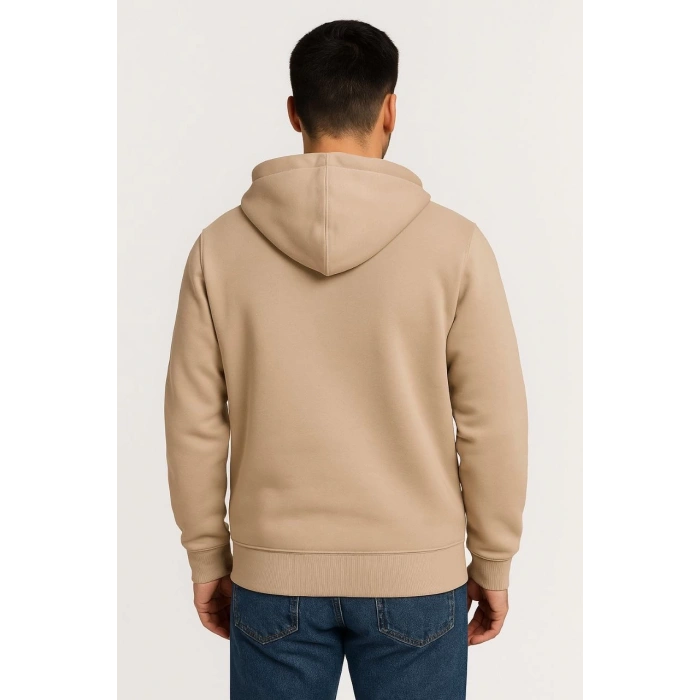 Erkek Üç İplik Kapüşonlu Tam Fermuarlı Kanguru Çepli SweatShirt Hoodie - Bej