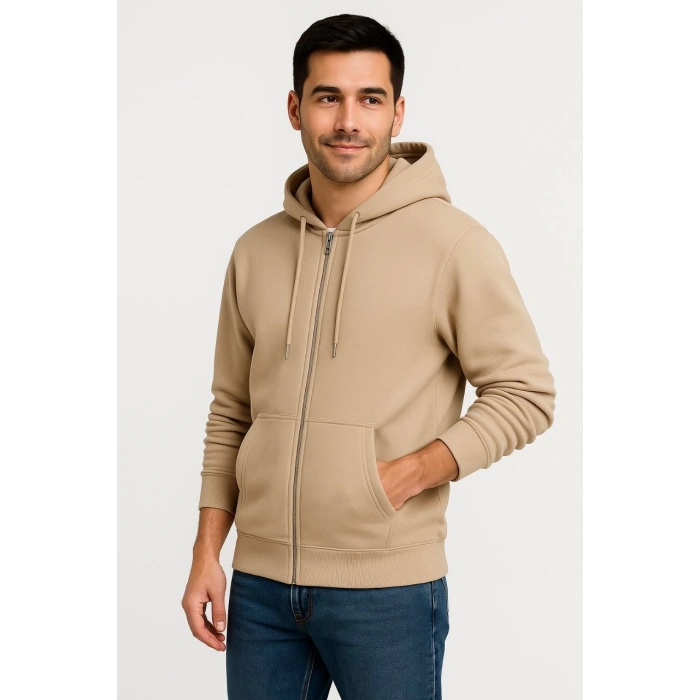 Erkek Üç İplik Kapüşonlu Tam Fermuarlı Kanguru Çepli SweatShirt Hoodie - Bej