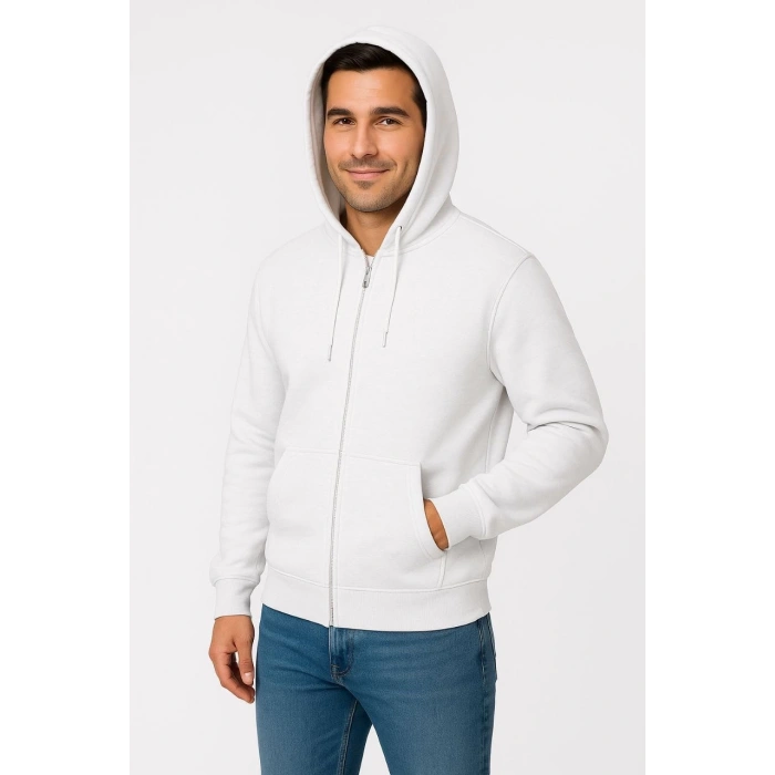 Erkek Üç İplik Kapüşonlu Tam Fermuarlı Kanguru Cepli SweatShirt Hoodie - Beyaz