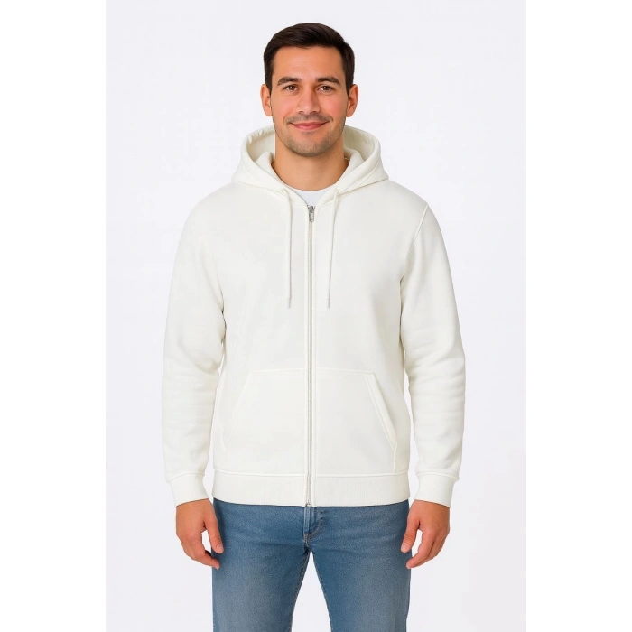 Erkek Üç İplik Kapüşonlu Tam Fermuarlı Kanguru Cepli SweatShirt Hoodie - Beyaz