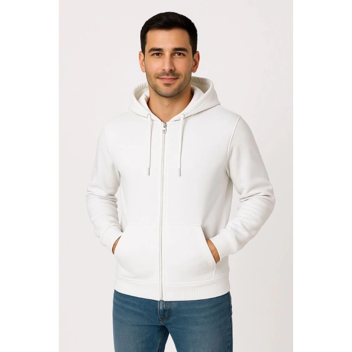 Erkek Üç İplik Kapüşonlu Tam Fermuarlı Kanguru Cepli SweatShirt Hoodie - Beyaz