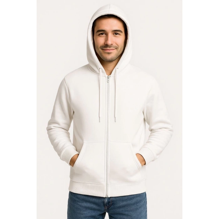 Erkek Üç İplik Kapüşonlu Tam Fermuarlı Kanguru Cepli SweatShirt Hoodie - Beyaz