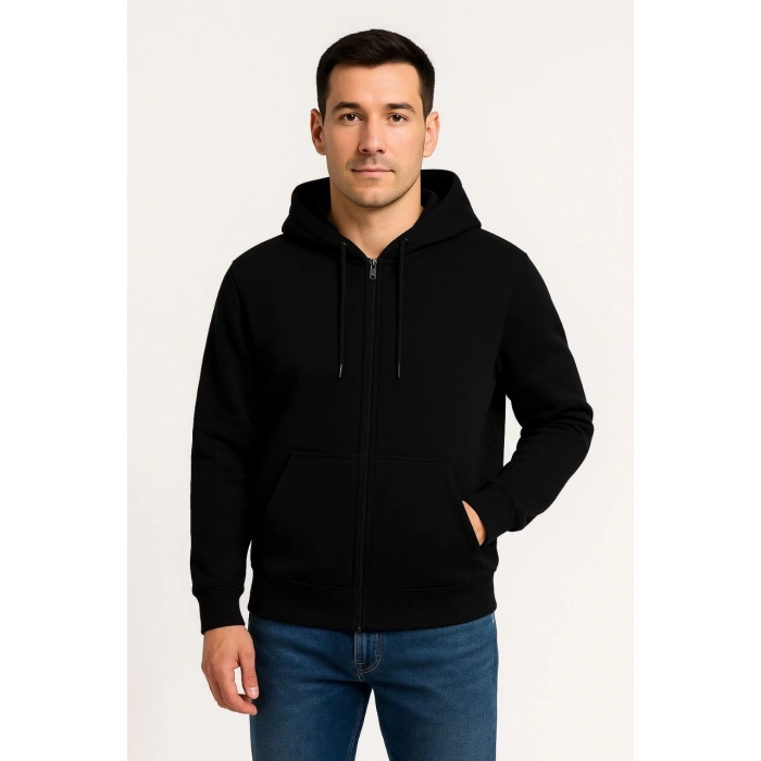 Erkek Üç İplik Kapüşonlu Tam Fermuarlı Kanguru Çepli SweatShirt Hoodie - Siyah