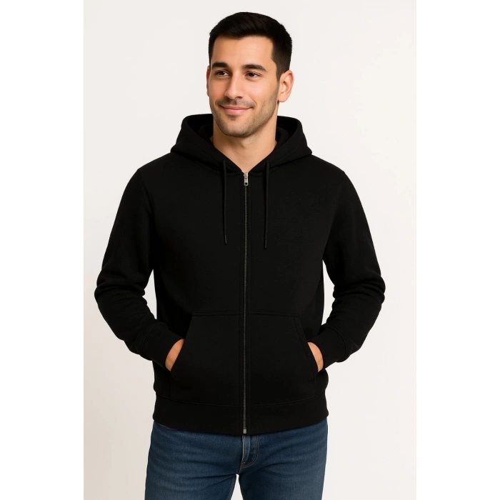 Erkek Üç İplik Kapüşonlu Tam Fermuarlı Kanguru Çepli SweatShirt Hoodie - Siyah